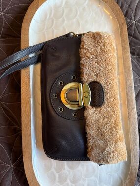 UGG dark brown Leather Wristlet with Tan Shearling Trim